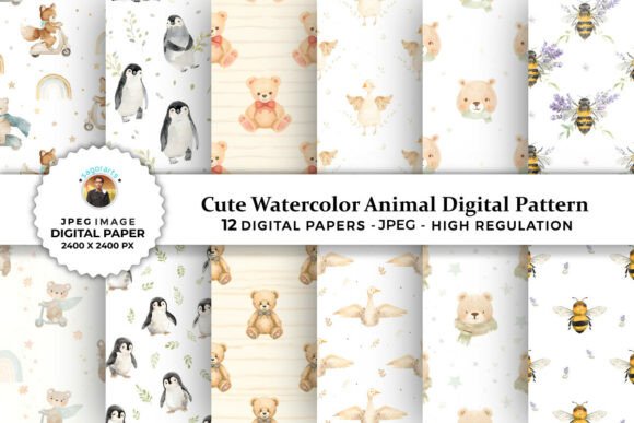 Cute Watercolor Animal Digital Patterns