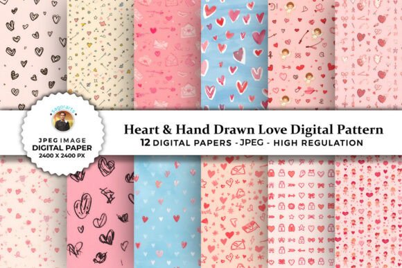 Heart Hand Drawn Love Digital Patterns